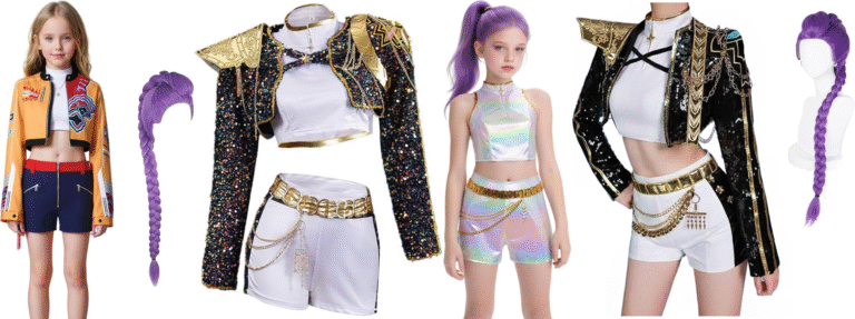rumi costume — kids and women sets from K-Pop Demon Hunters: white-gold outfit with black sequin jacket, holographic set, purple braided wig